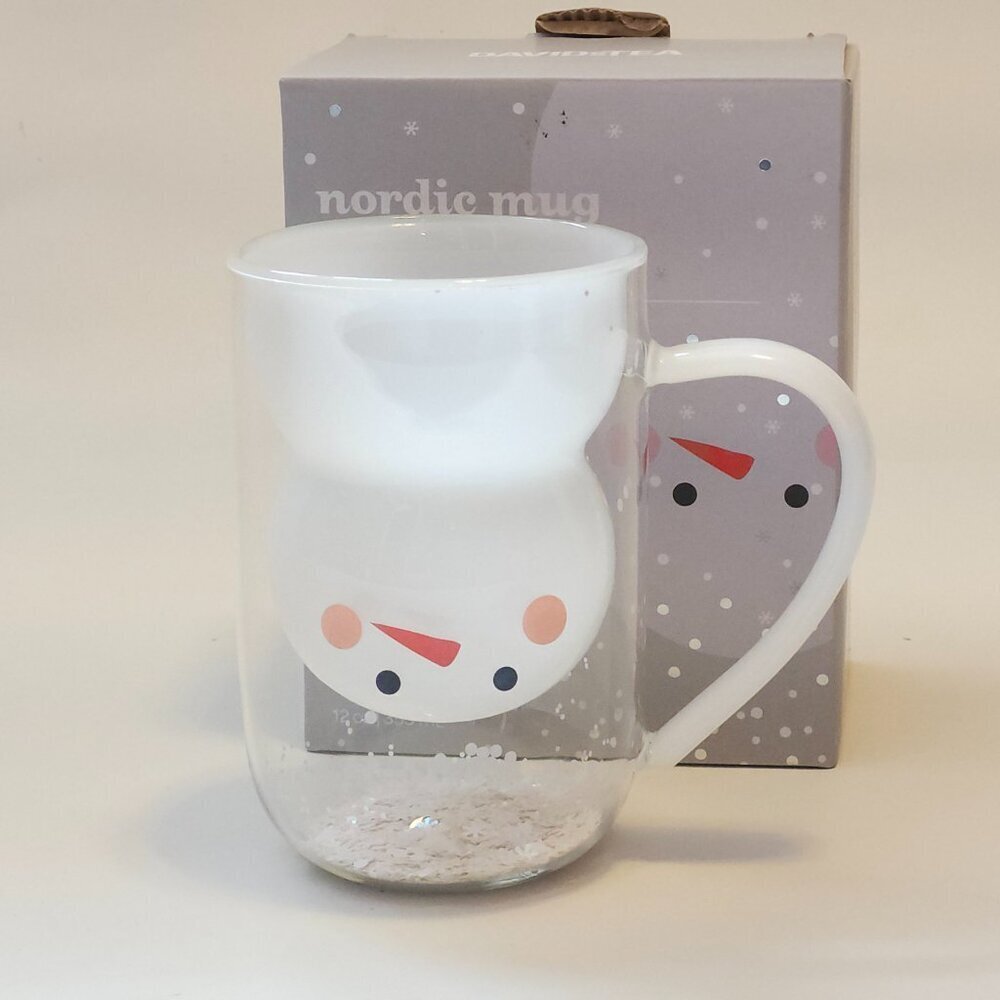 Davids Tea Nordic Snowman 12oz Glass Mugs W/ Confetti Glitter Snow NO LID